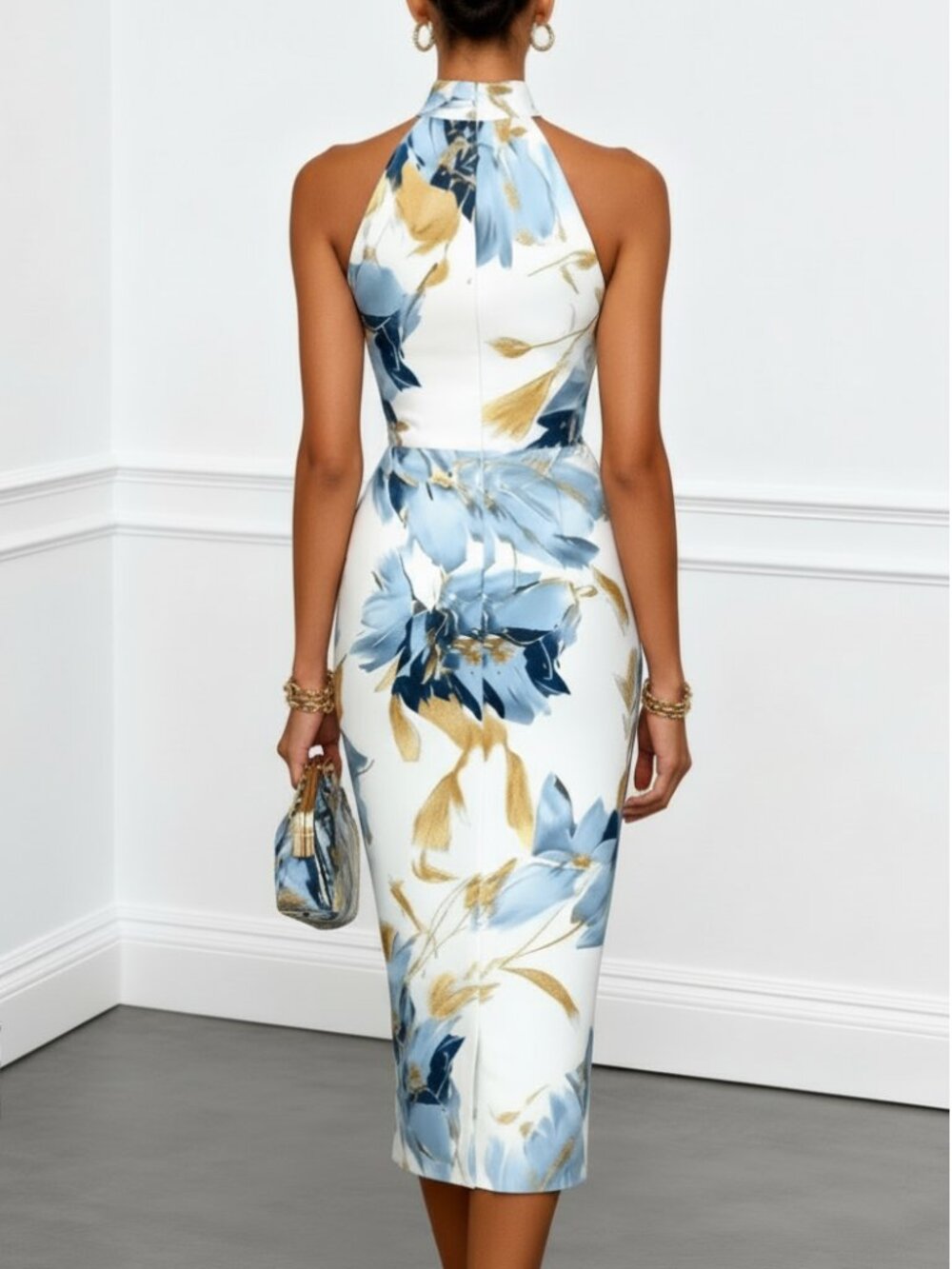 Blue Floral Satin Halter Sleeveless Sheath Midi Dress Blue Floral Satin Halter - Picture 2 of 3